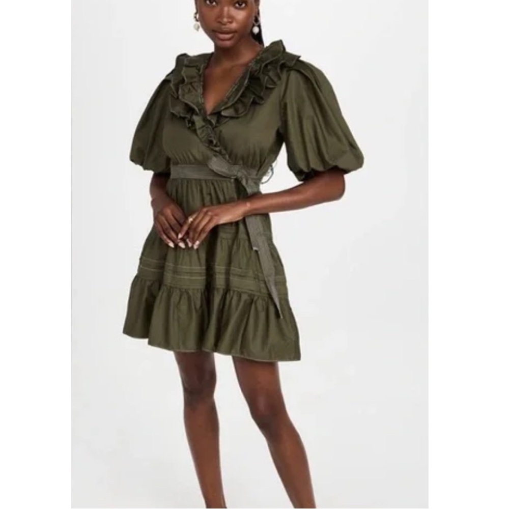 En Saison Gianna Ruffle Mini Wrap Dress Olive Green Cotton XS